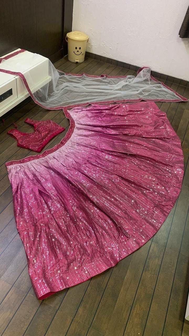 Satin Silk Lehenga Choli, Sequins Work, Bridal Wedding Festive Wear Net Dupatta
