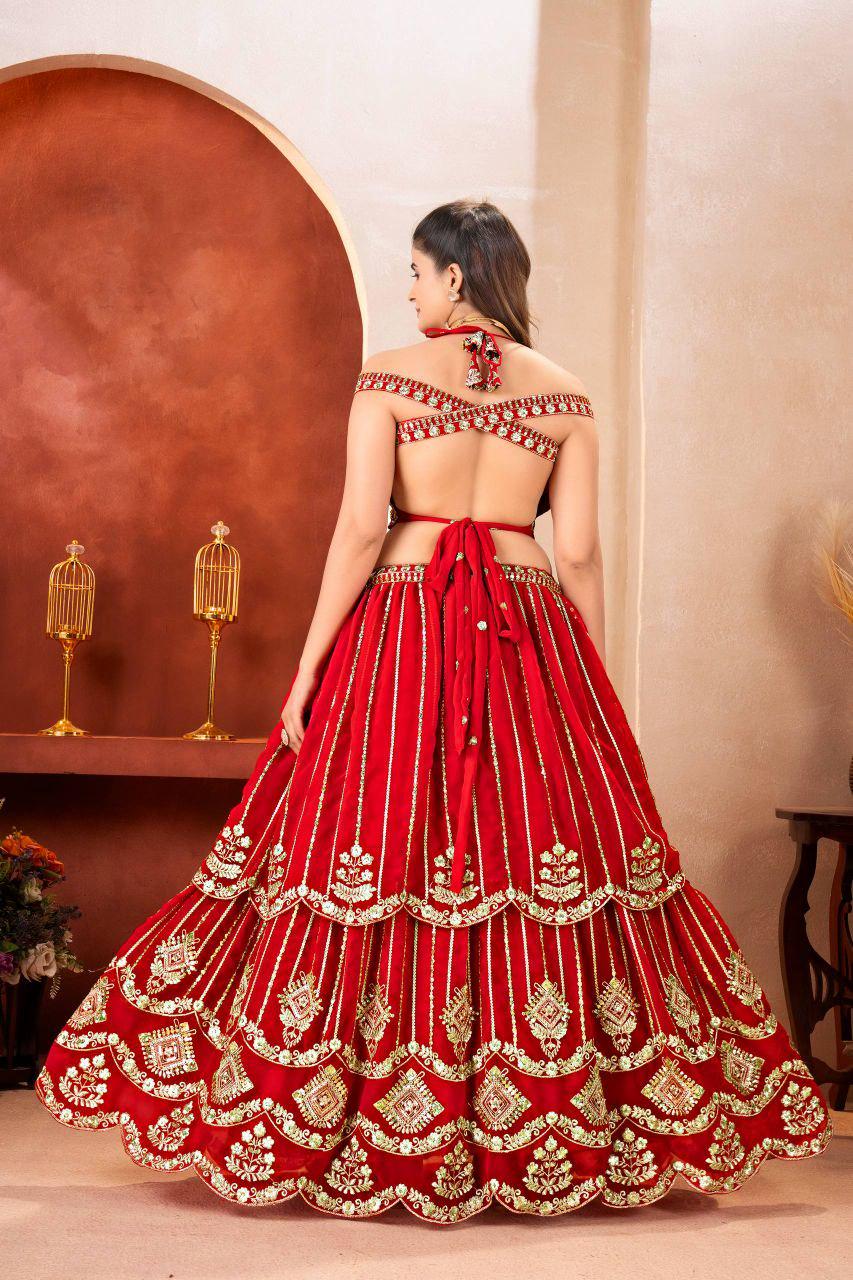 Red Faux Georgette Lehenga Choli | Sequins Zari Embroidery Bridal Set