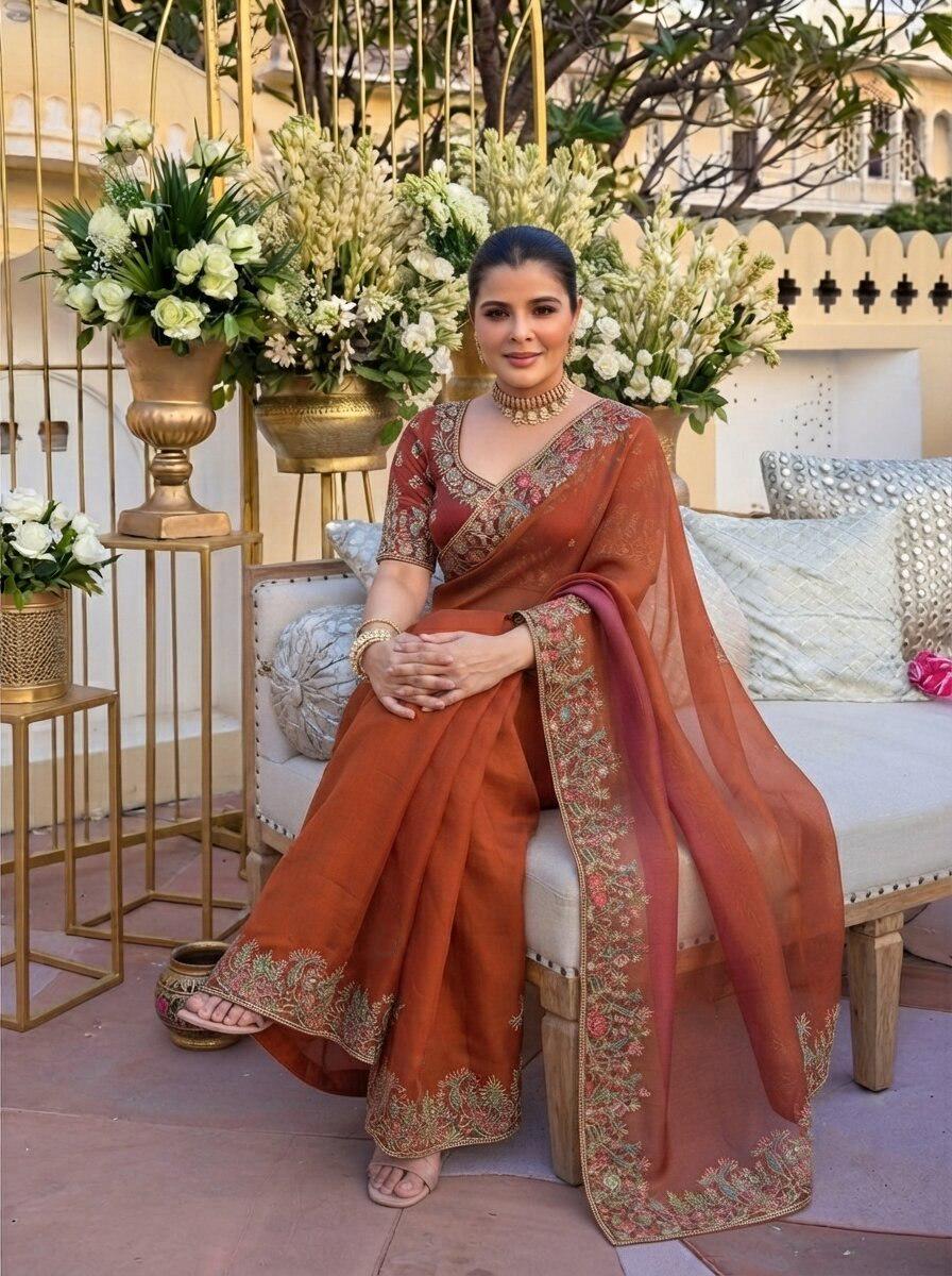 Fendy Satin Silk Saree with C-Pallu Embroidery | Designer Wedding Wear Blouse Piece