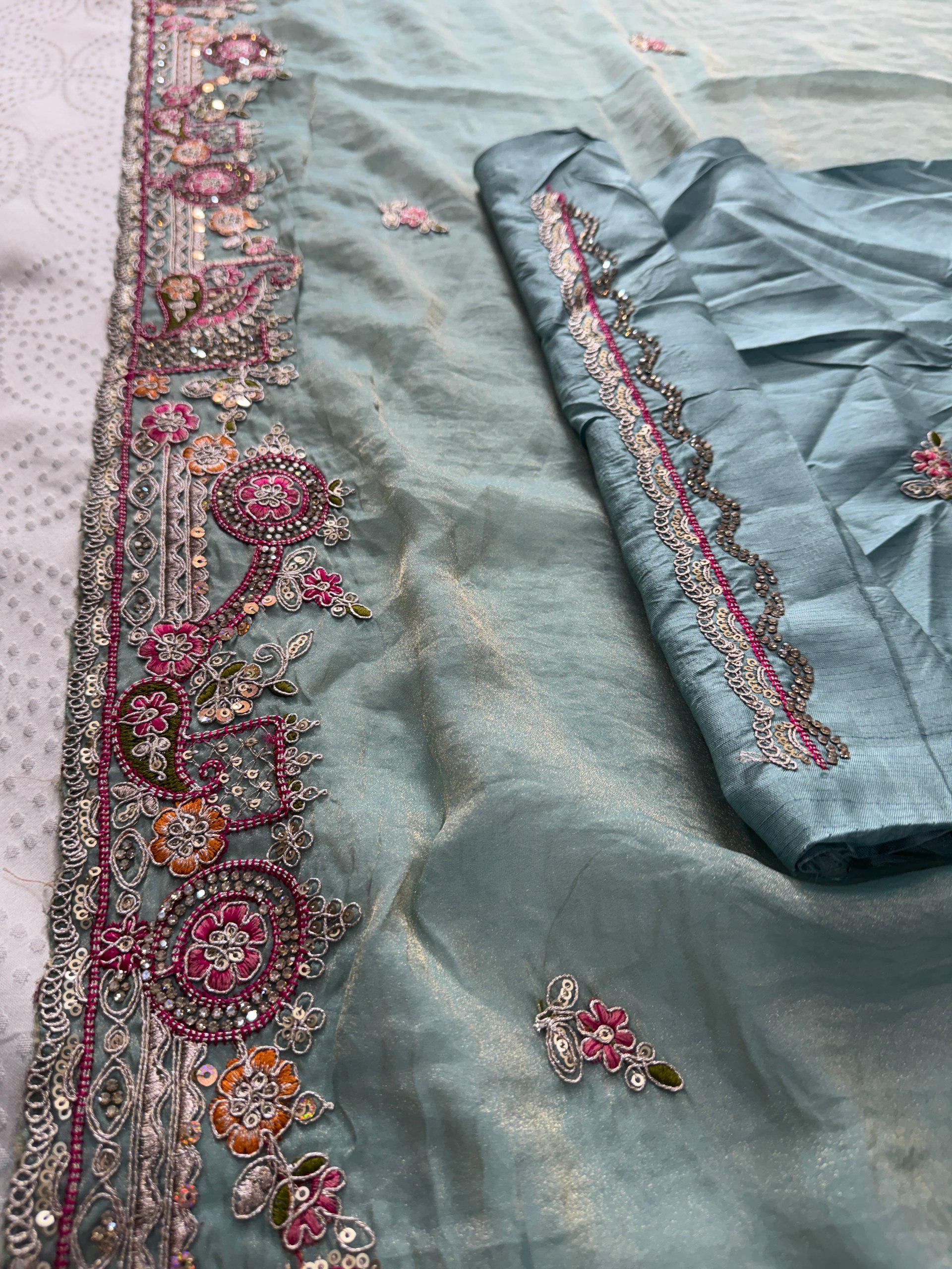 Soft Tissue Chiffon Silk Saree | Zarkan Embroidered Cutwork Border, Designer Wedding, Mono Silk Blouse