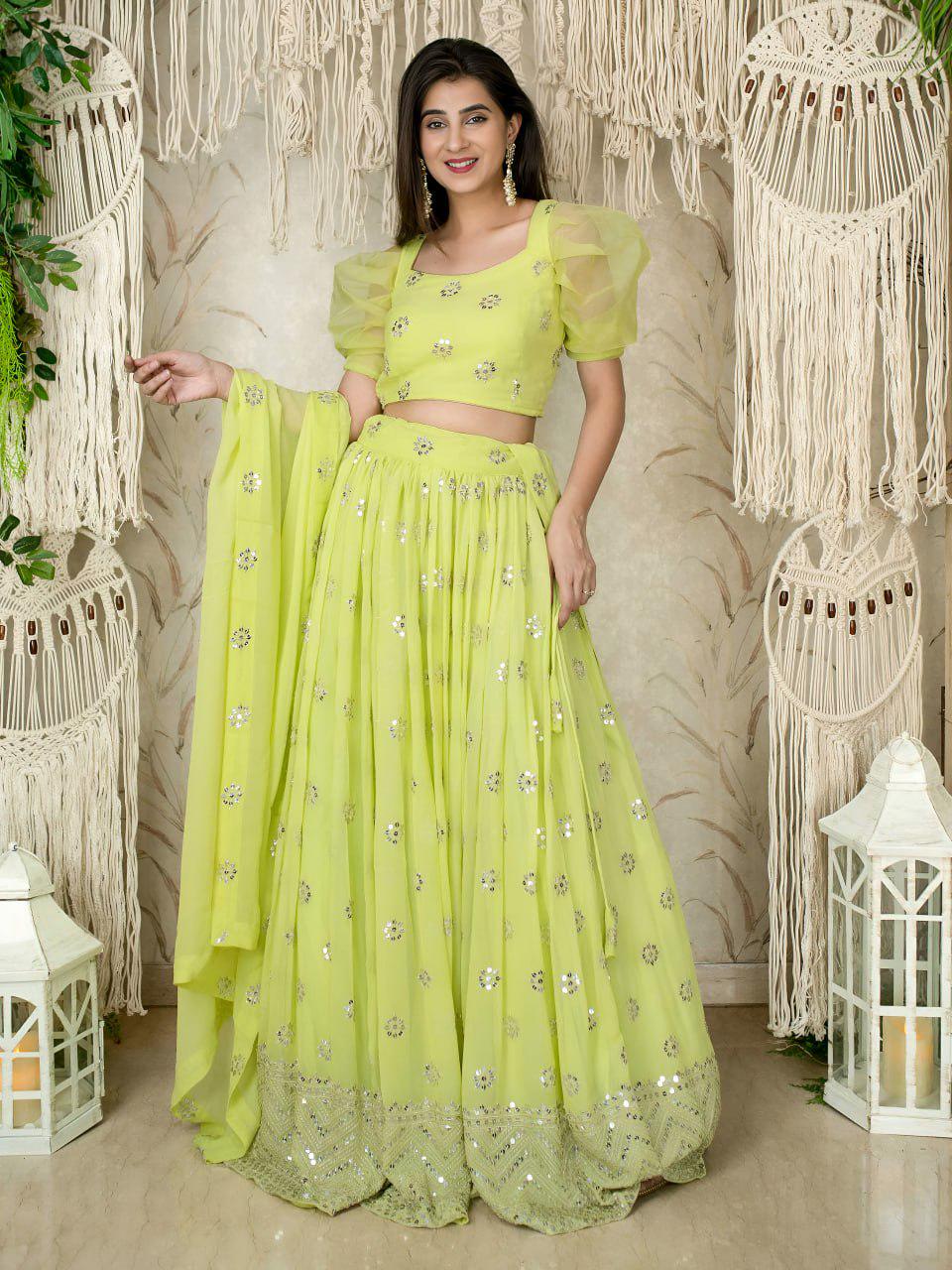 Lime Green Georgette Lehenga Choli, Sequins Zari Embroidery, Puff Sleeve Blouse, Net Dupatta