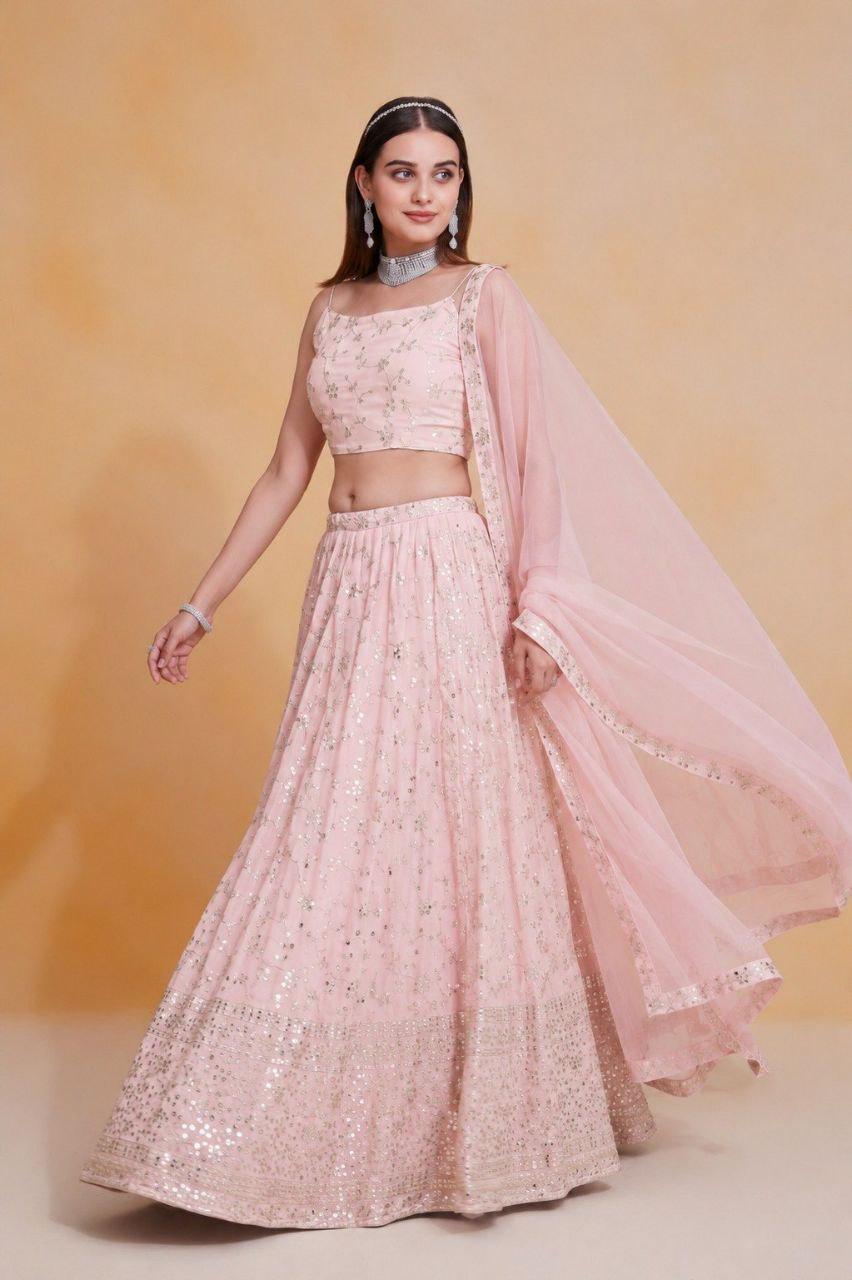 Georgette Lehenga Choli | Heavy Zari Sequin Embroidery, 3.2 Meter Flare, Indian Wedding Wear