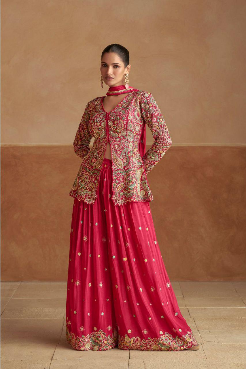 Embroidered Chinon Palazzo Salwar Suit Set, Festive Party Wear Outfit