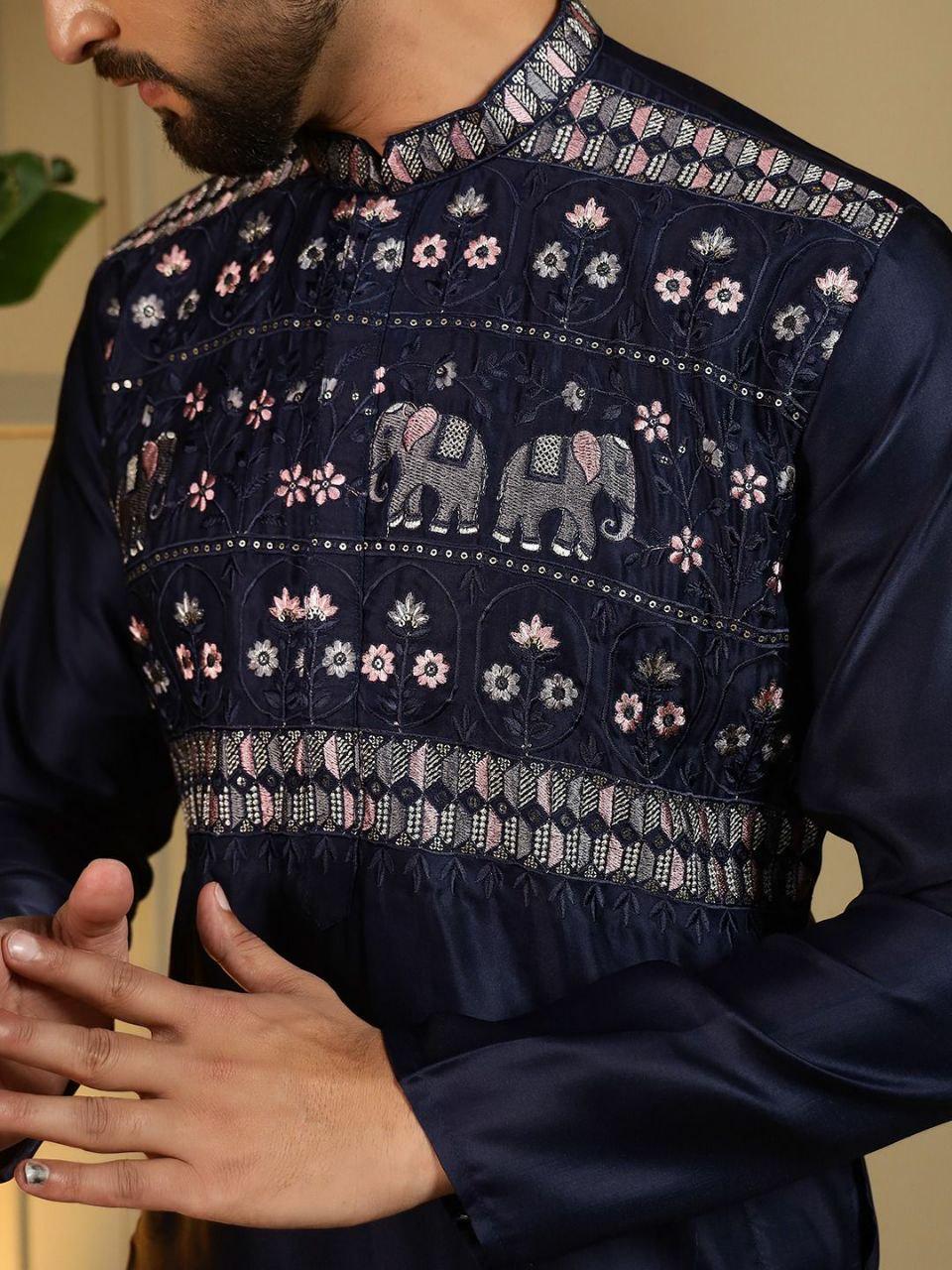 Viscose Silk Embroidered Kurta Set, Multi-Thread Sequins Ethnic Dress