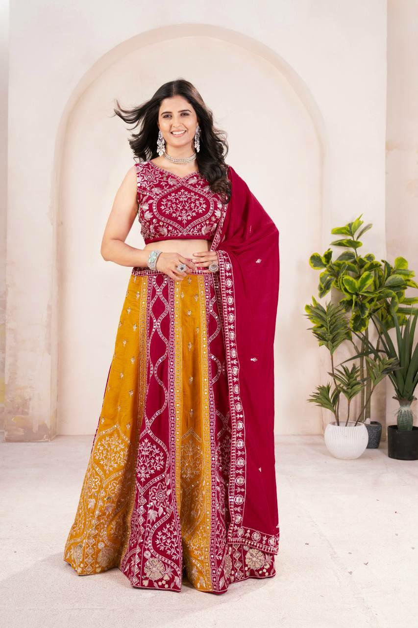 Vichitra Silk Lehenga Choli, Sequins Thread Embroidery, 4 Meter Flare Wedding Set