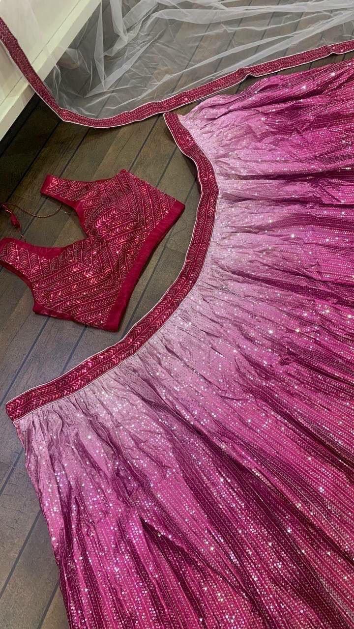 Satin Silk Lehenga Choli, Sequins Work, Bridal Wedding Festive Wear Net Dupatta