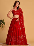 Red Georgette Lehenga Choli Set | Zari Sequin Embroidered Wedding Party Wear (Semi-Stitched)