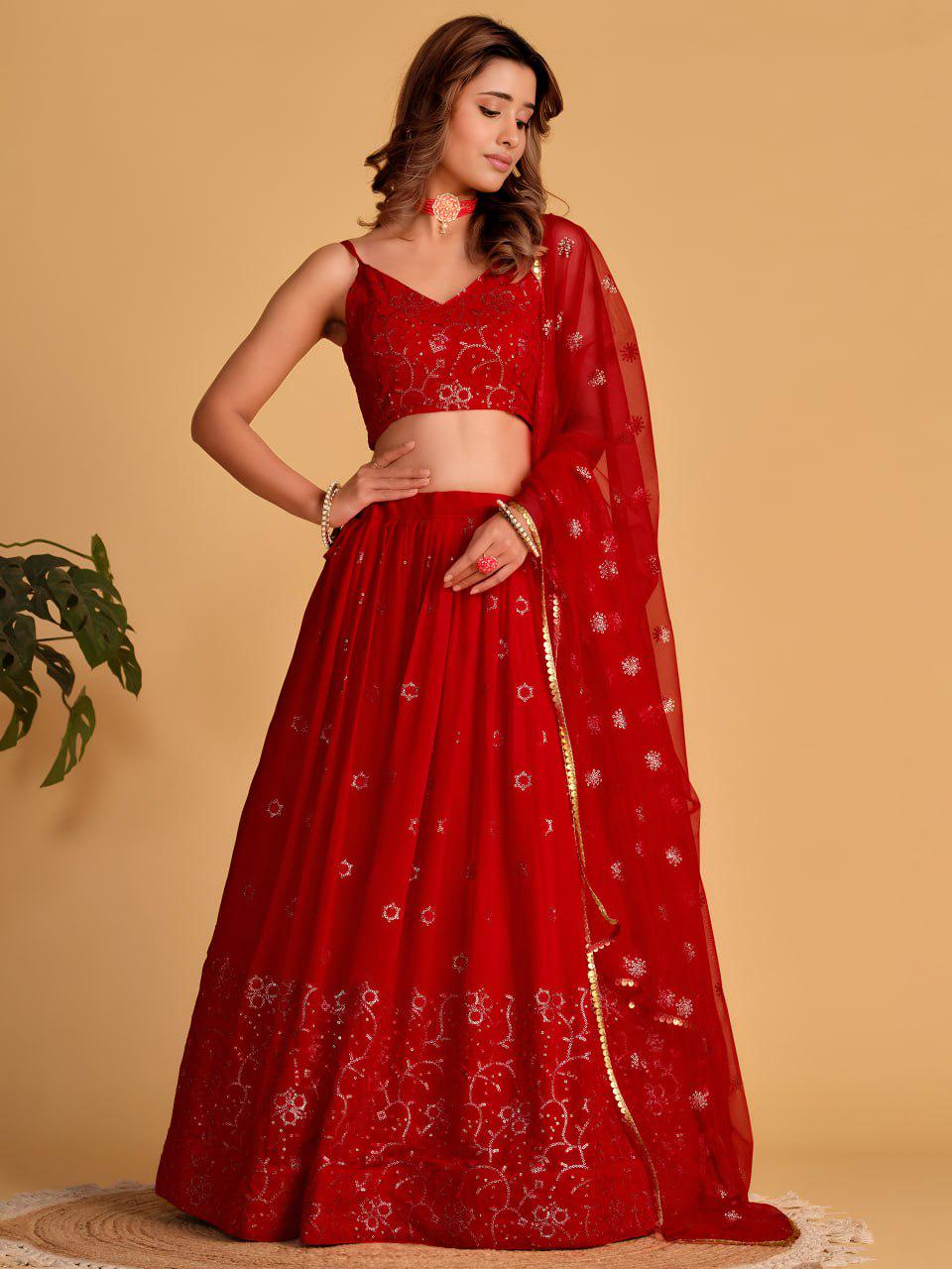 Red Georgette Lehenga Choli Set | Zari Sequin Embroidered Wedding Party Wear (Semi-Stitched)