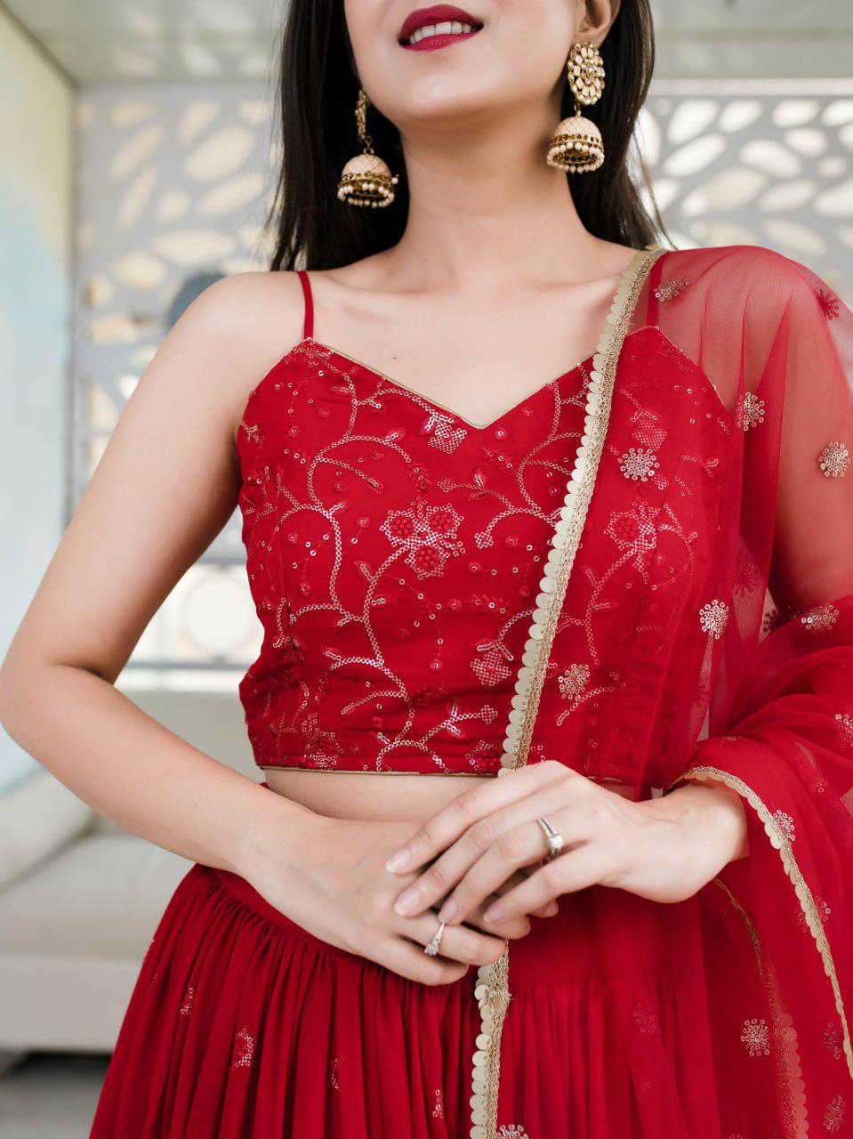 Red Organza Lehenga Choli, Velvet Blouse, Sequins Embroidery Wedding Outfit
