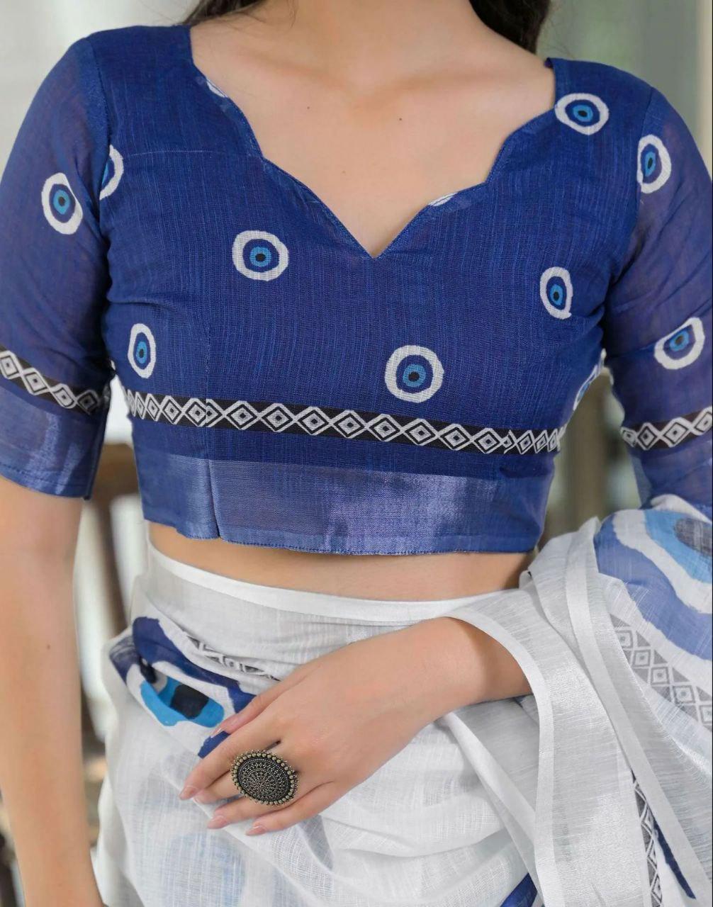 White Linen Cotton Saree | Najariya Print, Digital Pallu, Casual Everyday Wear