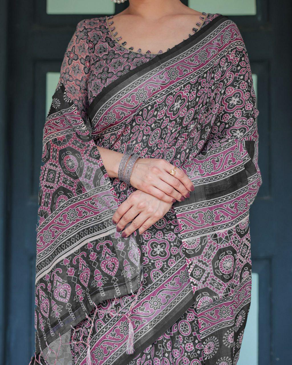 Black Ajrakh Inspired Linen Cotton Saree