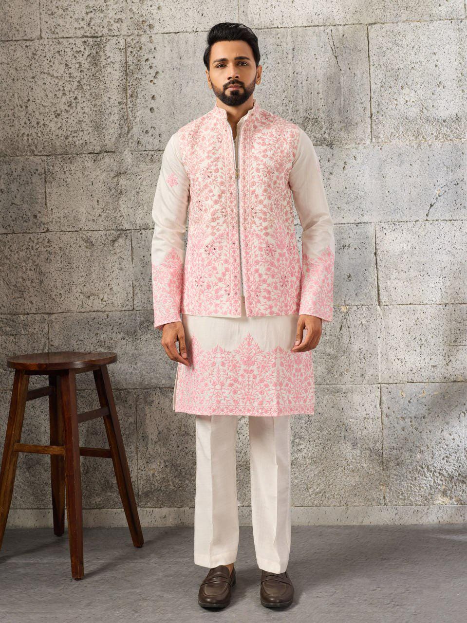Art Silk Kurta Koti Set | Real Mirror Multi Thread Embroidery Wedding Outfit