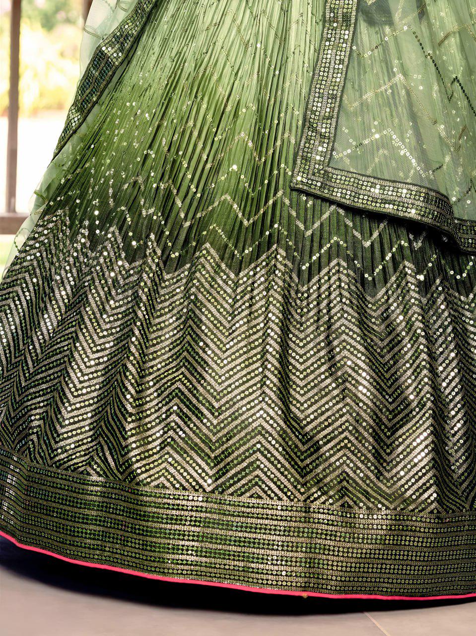 Olive Green Chinnon Lehenga Choli Set | Sequin Embroidered Wedding A-Line Lehenga, Net Dupatta