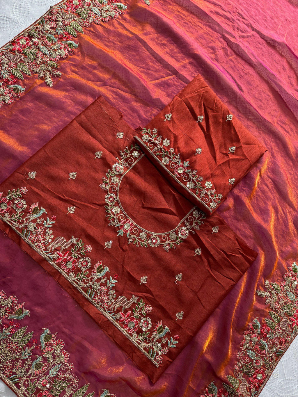 Fendy Satin Silk Saree with C-Pallu Embroidery | Designer Wedding Wear Blouse Piece