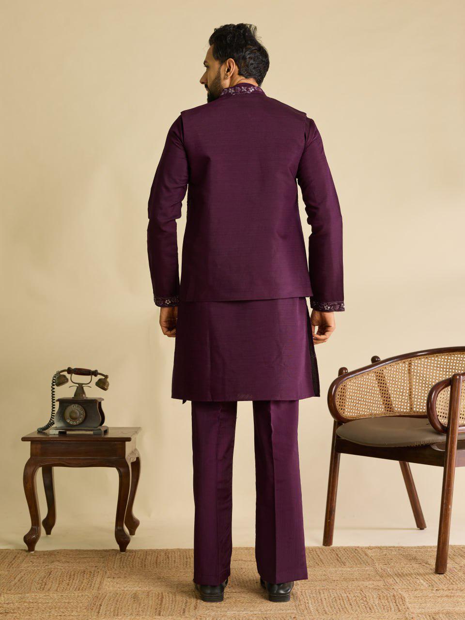 Art Silk Kurta Koti Pant Set | Mirror Work Embroidery Festive Wear