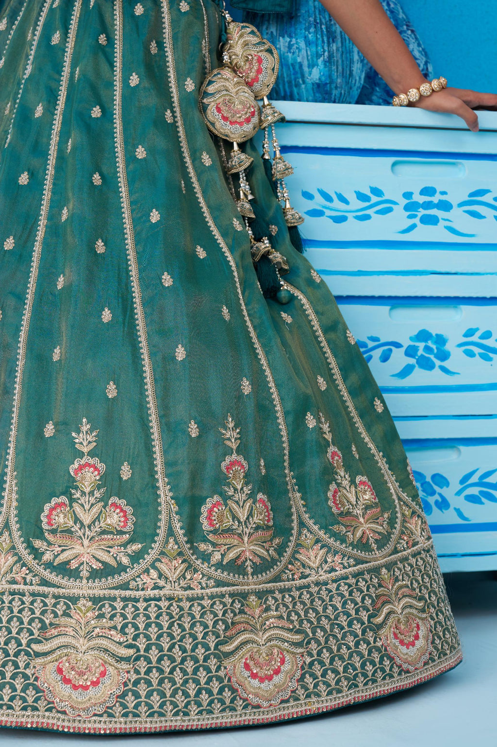 Teal Tissue Lehenga Choli Set, Beads Sequins Embroidery, Indian Wedding Outfit