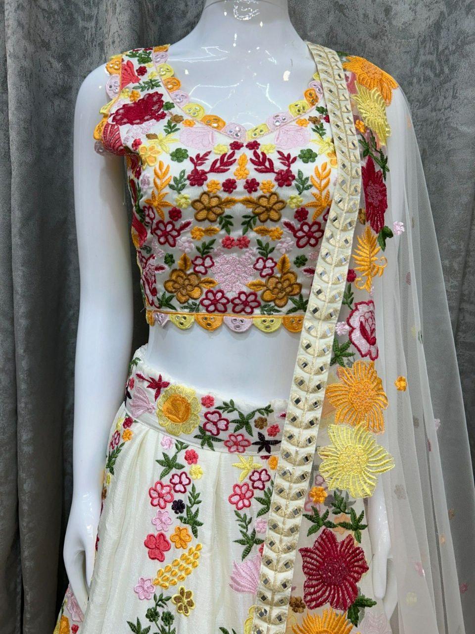 Chinon Lehenga Choli Set | Sequins Thread Embroidery, Wedding Wear Net Dupatta