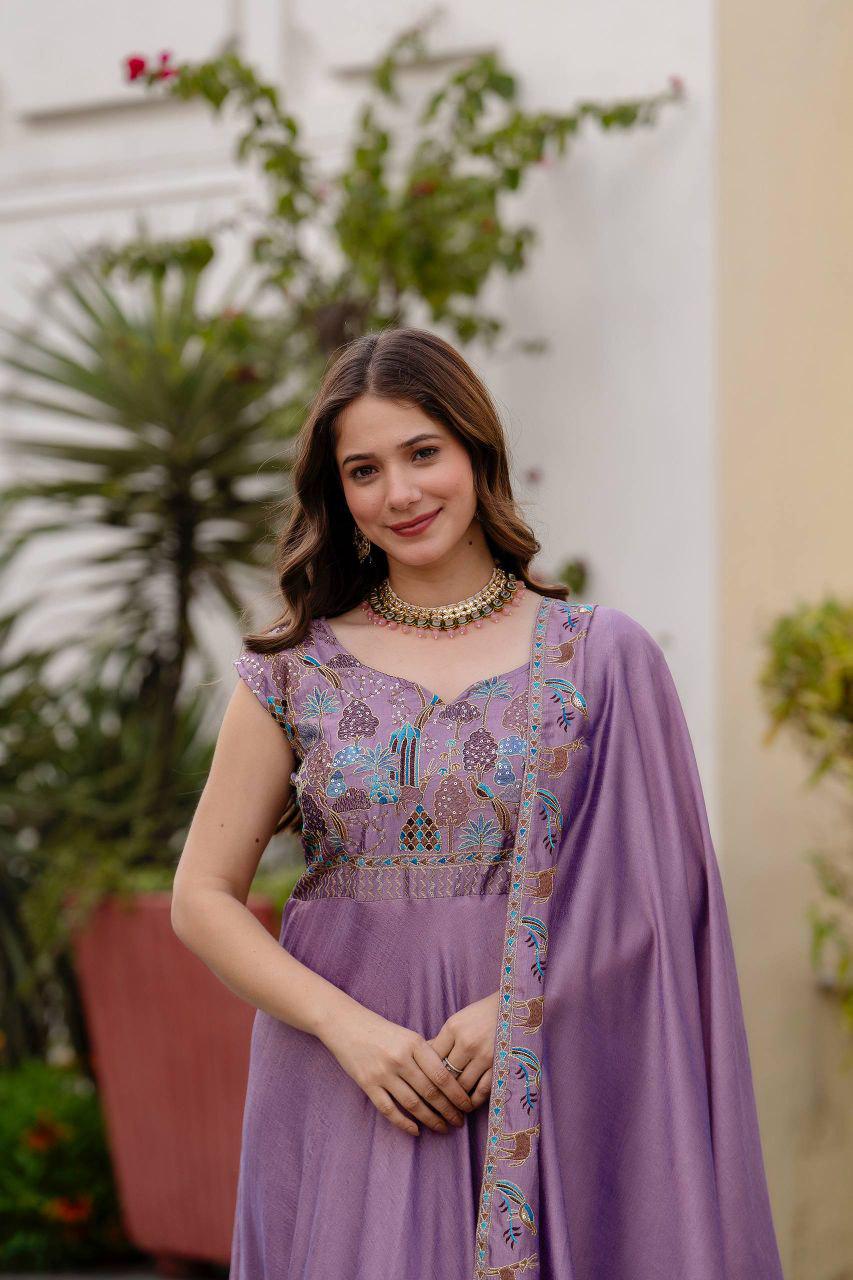 Vichitra Silk Embroidered Gown with Dupatta, Festive Party Wear Ethnic Dress