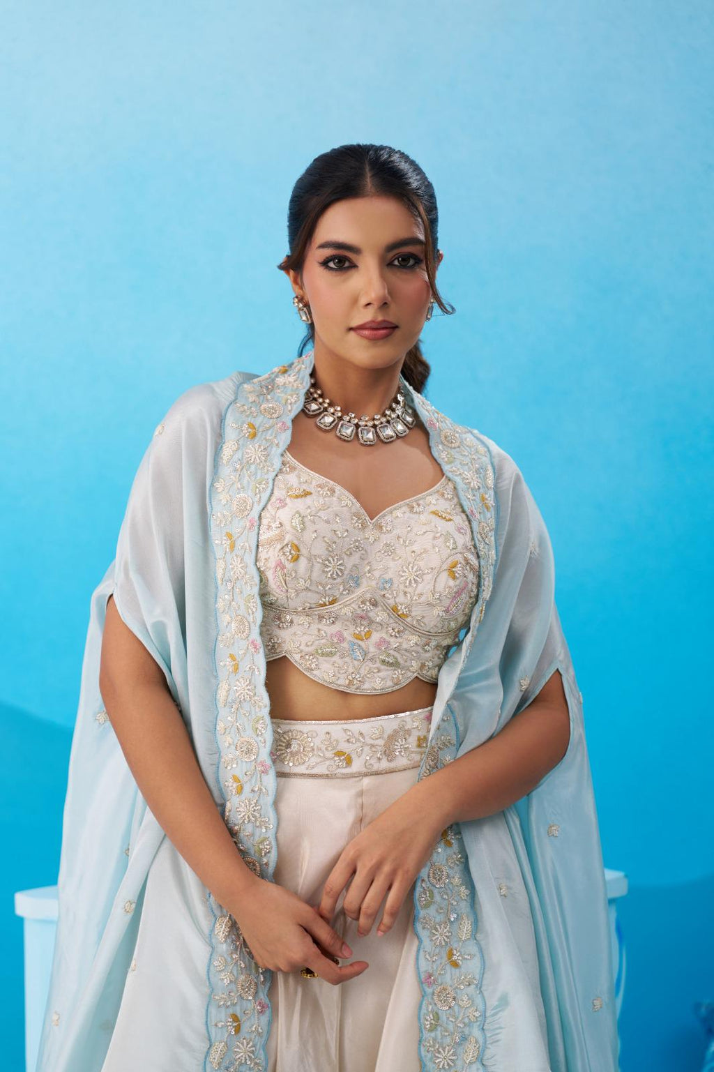 Cream Viscose Crop Top Palazzo Set with Pink Cape, Beads Embroidery Festive Co-Ord