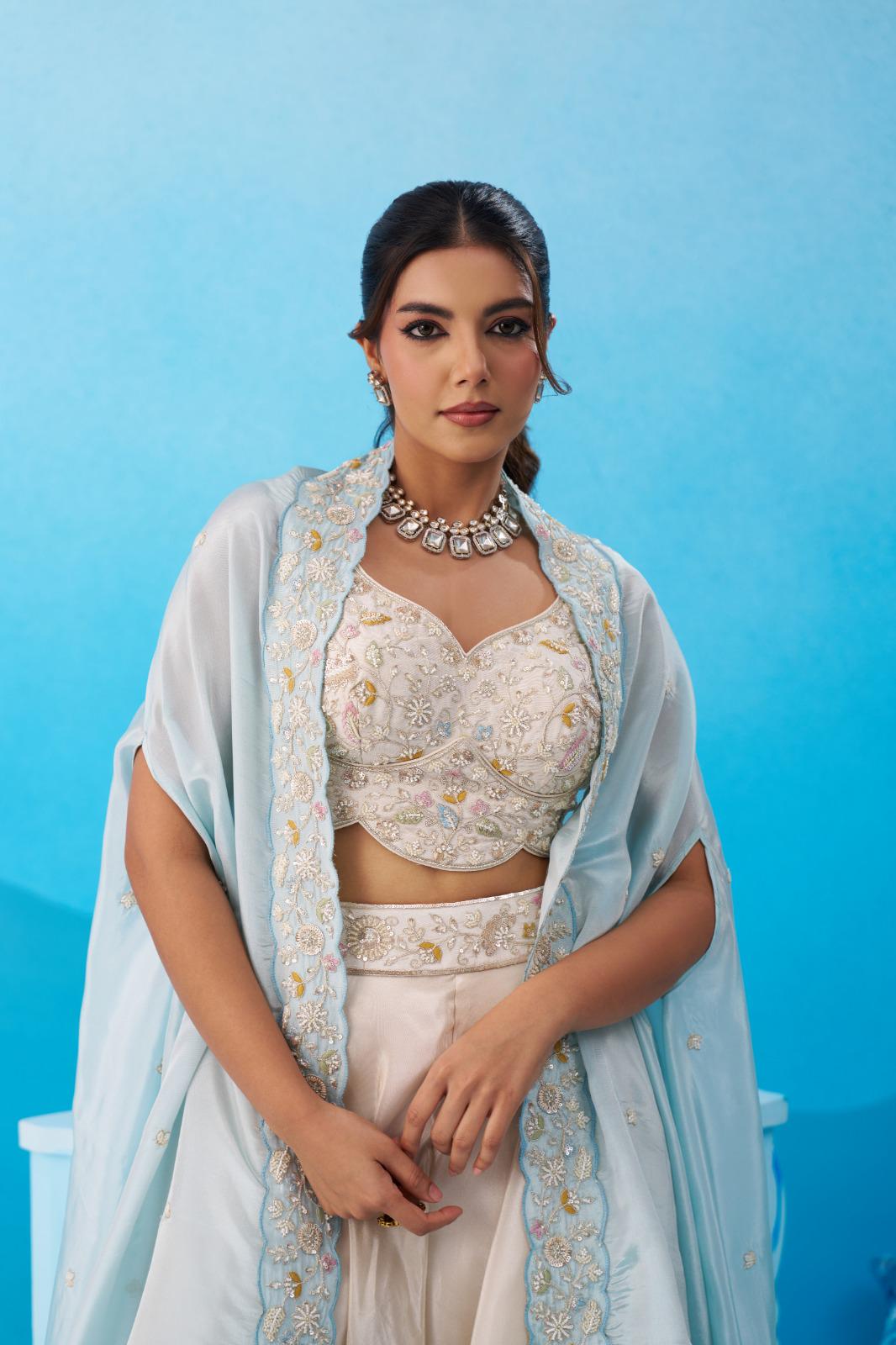 Cream Viscose Crop Top Palazzo Set with Pink Cape, Beads Embroidery Festive Co-Ord