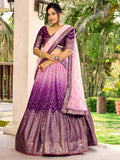 Purple Chinnon Lehenga Choli Set | Thread Sequin Embroidered Wedding A-Line Lehenga, Net Dupatta