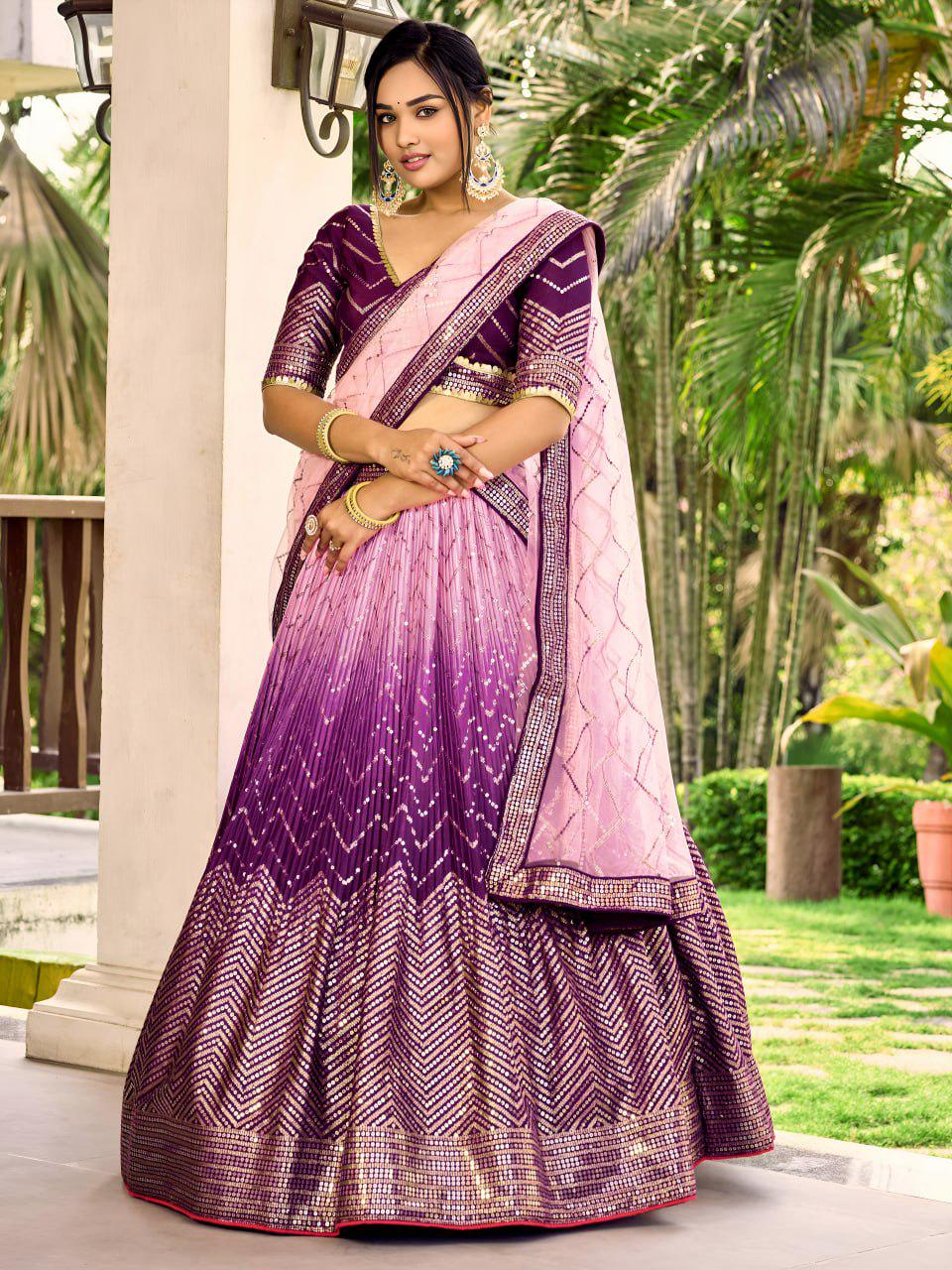 Purple Chinnon Lehenga Choli Set | Thread Sequin Embroidered Wedding A-Line Lehenga, Net Dupatta