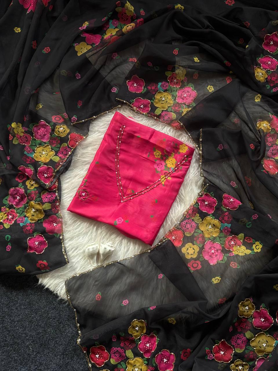 Floral Print Tabi Saree with Cut Dana Handwork, Summer Party Wear Chinon Blouse