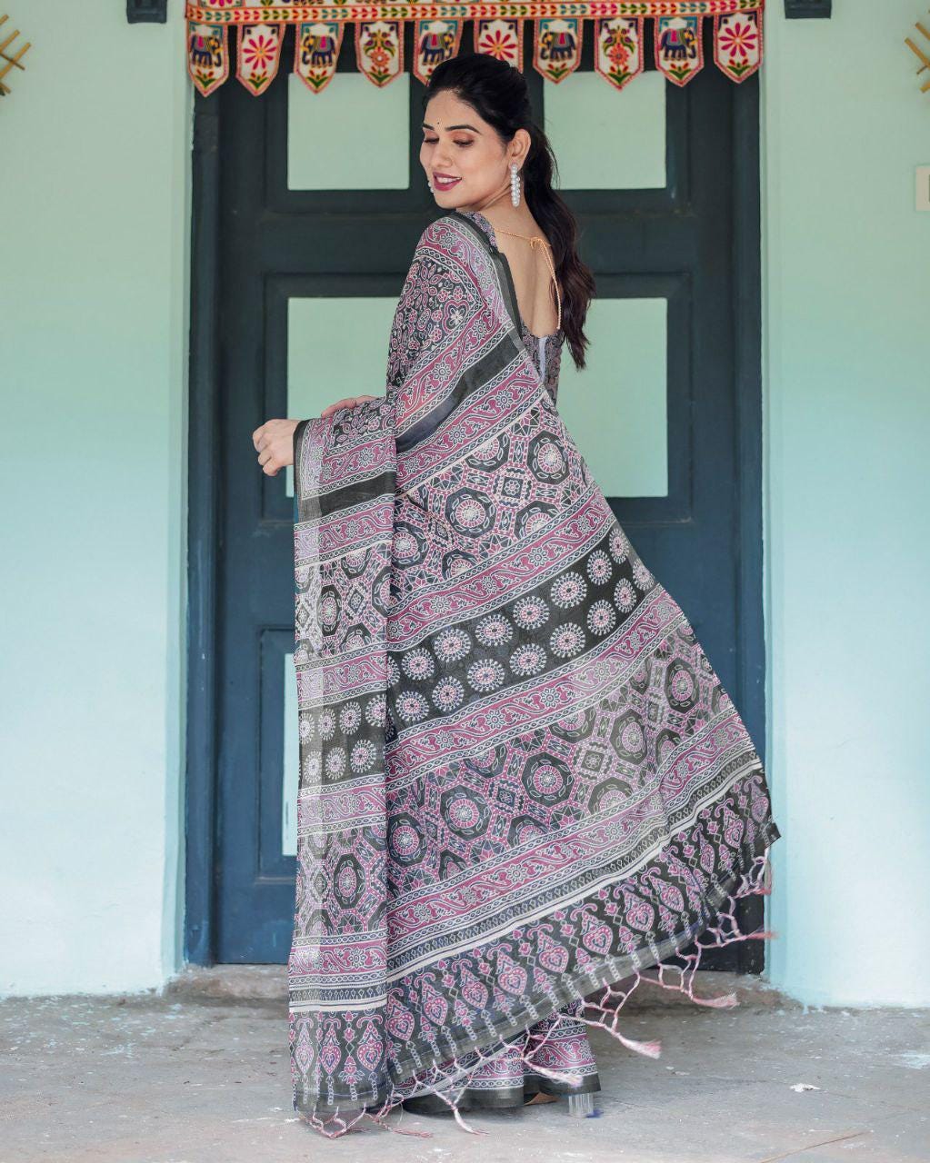Black Ajrakh Inspired Linen Cotton Saree
