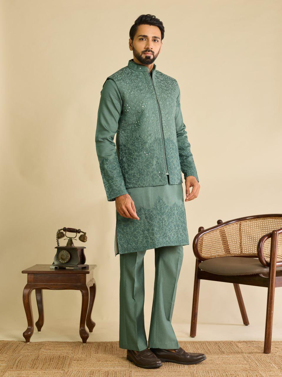 Art Silk Kurta Koti Set | Real Mirror Multi Thread Embroidery Wedding Outfit