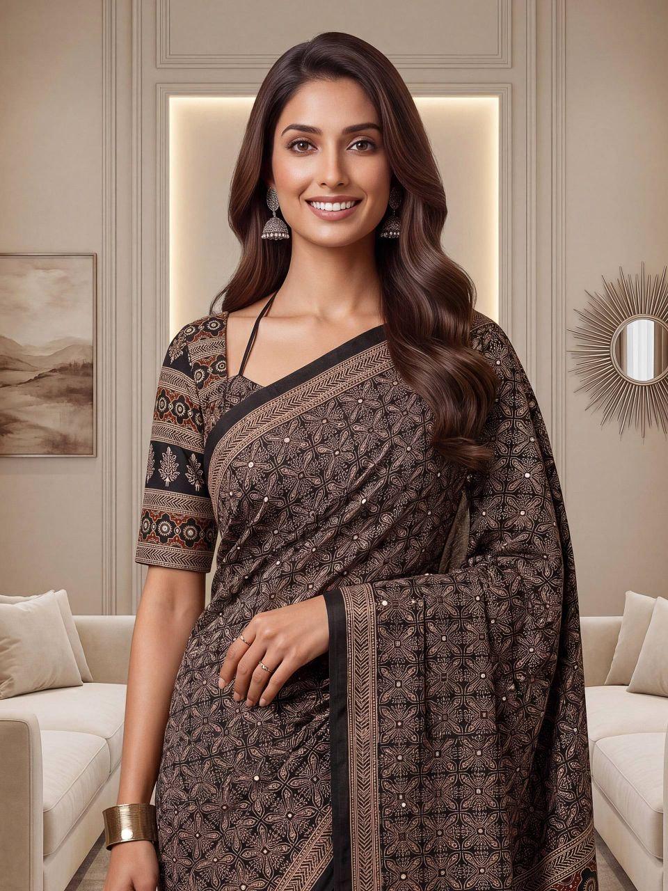 Chinon Ajrak Print Saree with Real Mirror Work | Digital Printed Indian Saree (Unstitched Blouse)