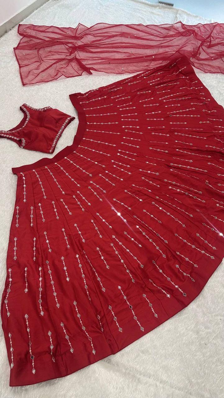 Red Malai Satin Silk Lehenga Set, Thread Embroidery, Real Mirror Work, Voluminous Flair