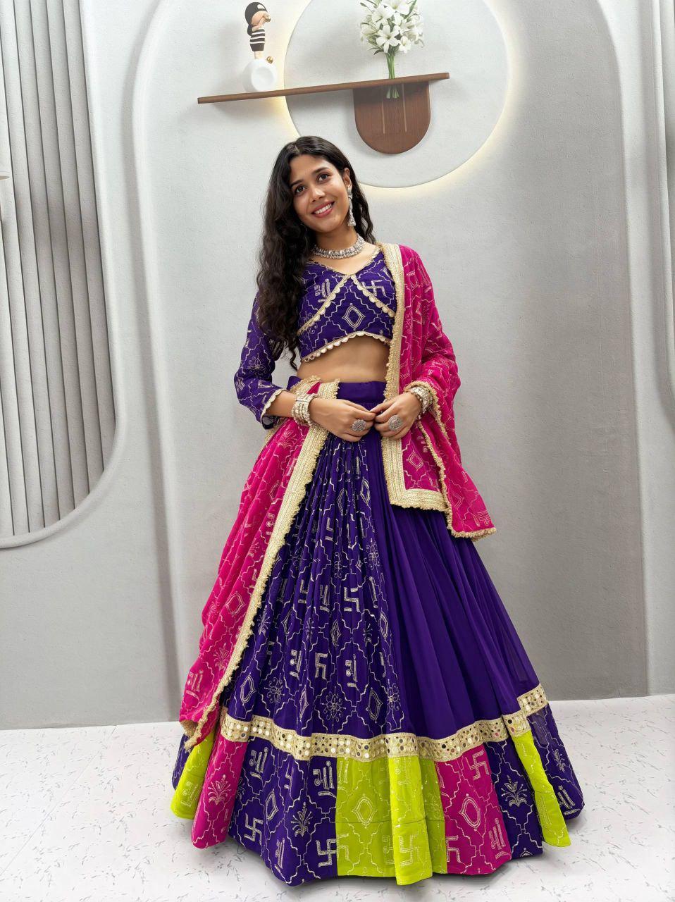 Embroidered Fox Georgette Lehenga Choli Set | 6 Meter Flare, Mirror Lace, Navratri Garba Outfit