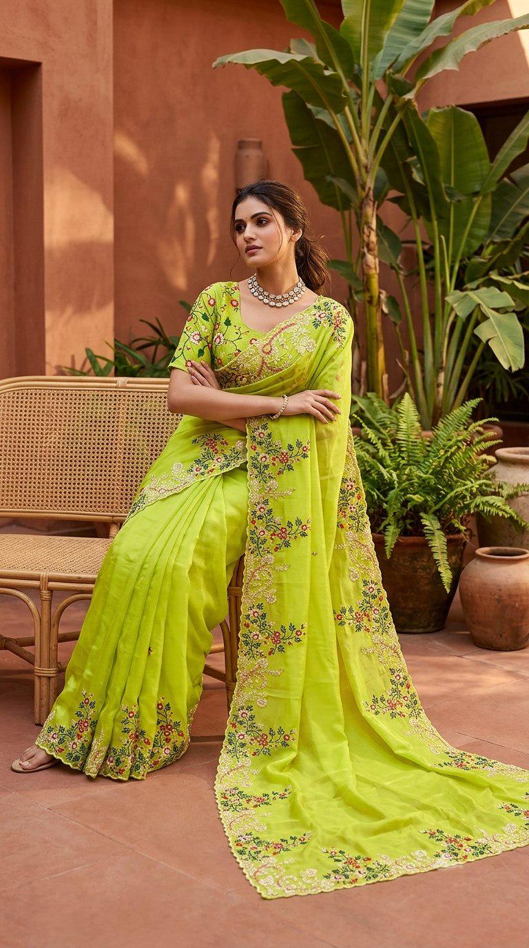 Paper Silk Saree Embroidered Sequins Cutwork Border | Designer Wedding Party Wear Blouse