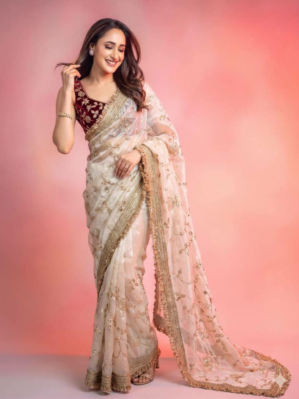 Space Satin Saree with Sequins Work | Designer Party Wear Indian Ethnic Wear
