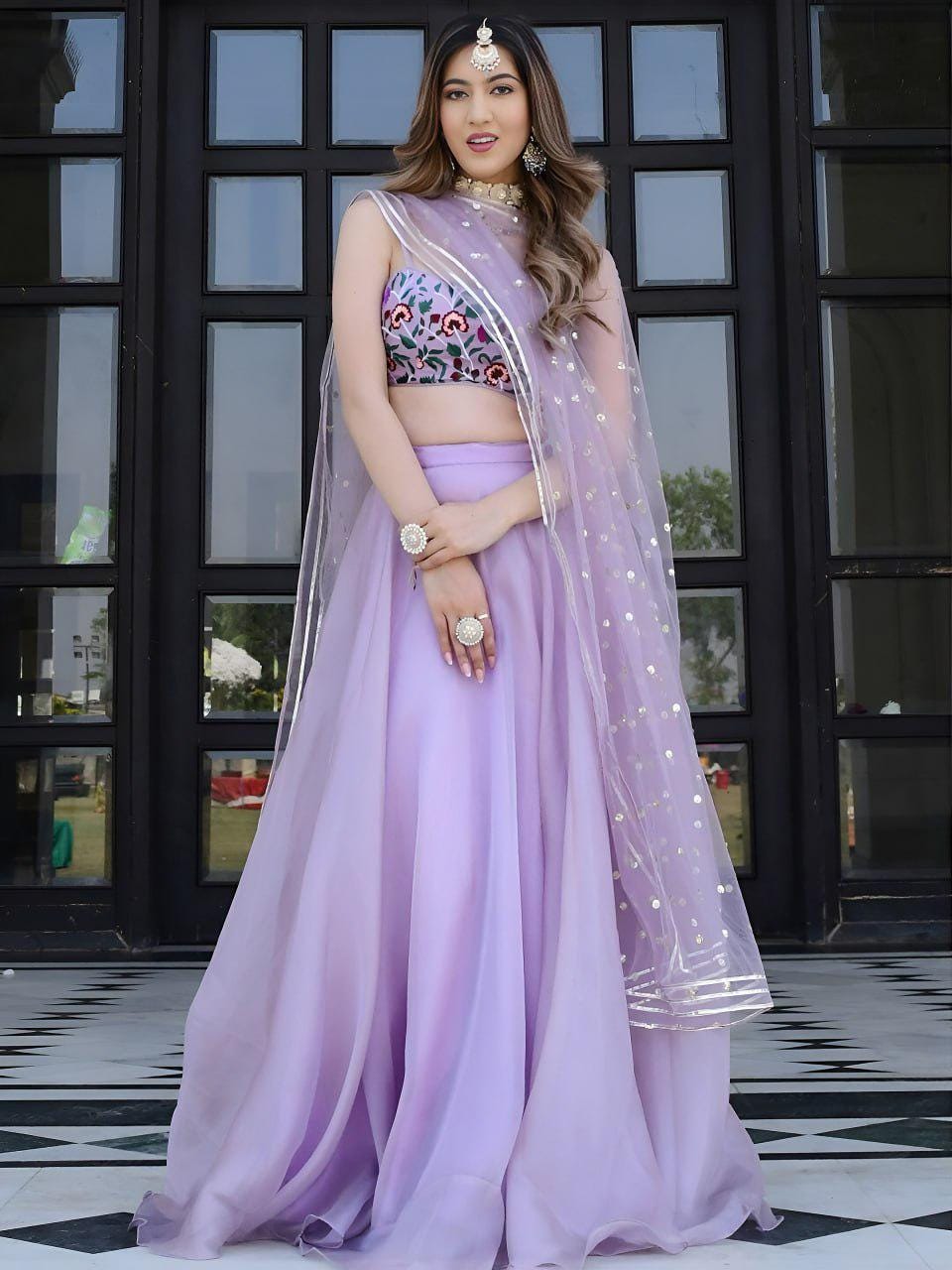 Lavender Organza Lehenga Choli, Floral Embroidered Blouse, Gota Patti Dupatta, Wedding Set