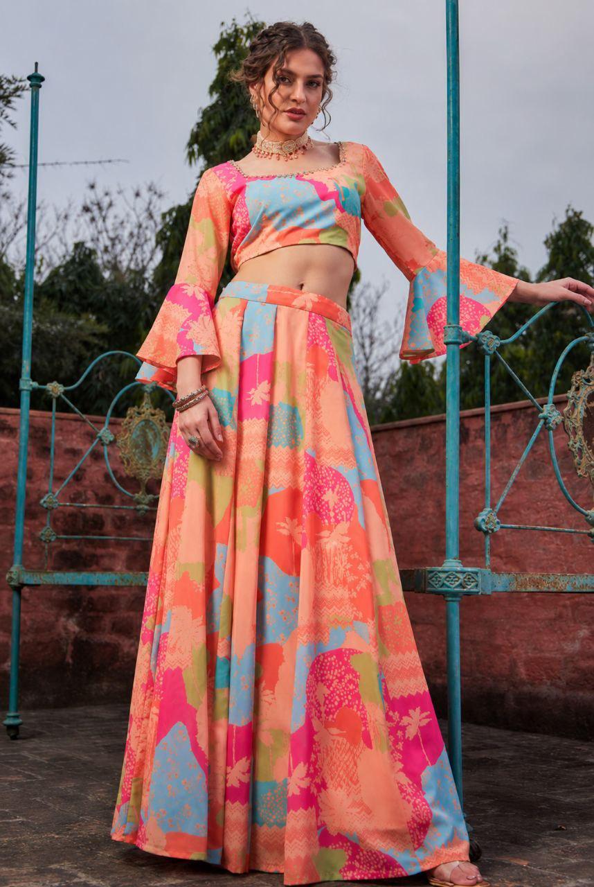 Digital Print Georgette Lehenga Choli Set | 5 Meter Flared Ready-to-Wear Indian Outfit