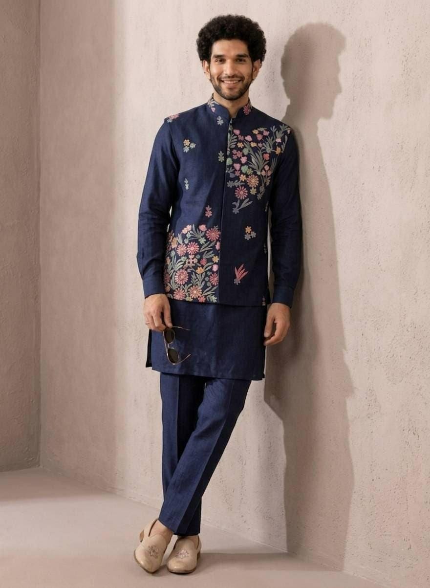 Men's Roman Silk Kurta Pant Set with Embroidered Koti | Festive Ethnic Outfit