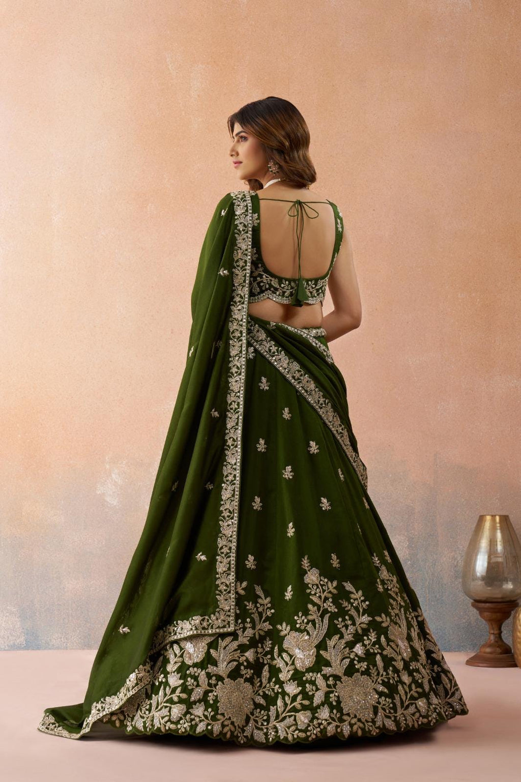 Olive Tissue Lehenga Choli Set, Sequins Zari Embroidery, Bridal Party Wear