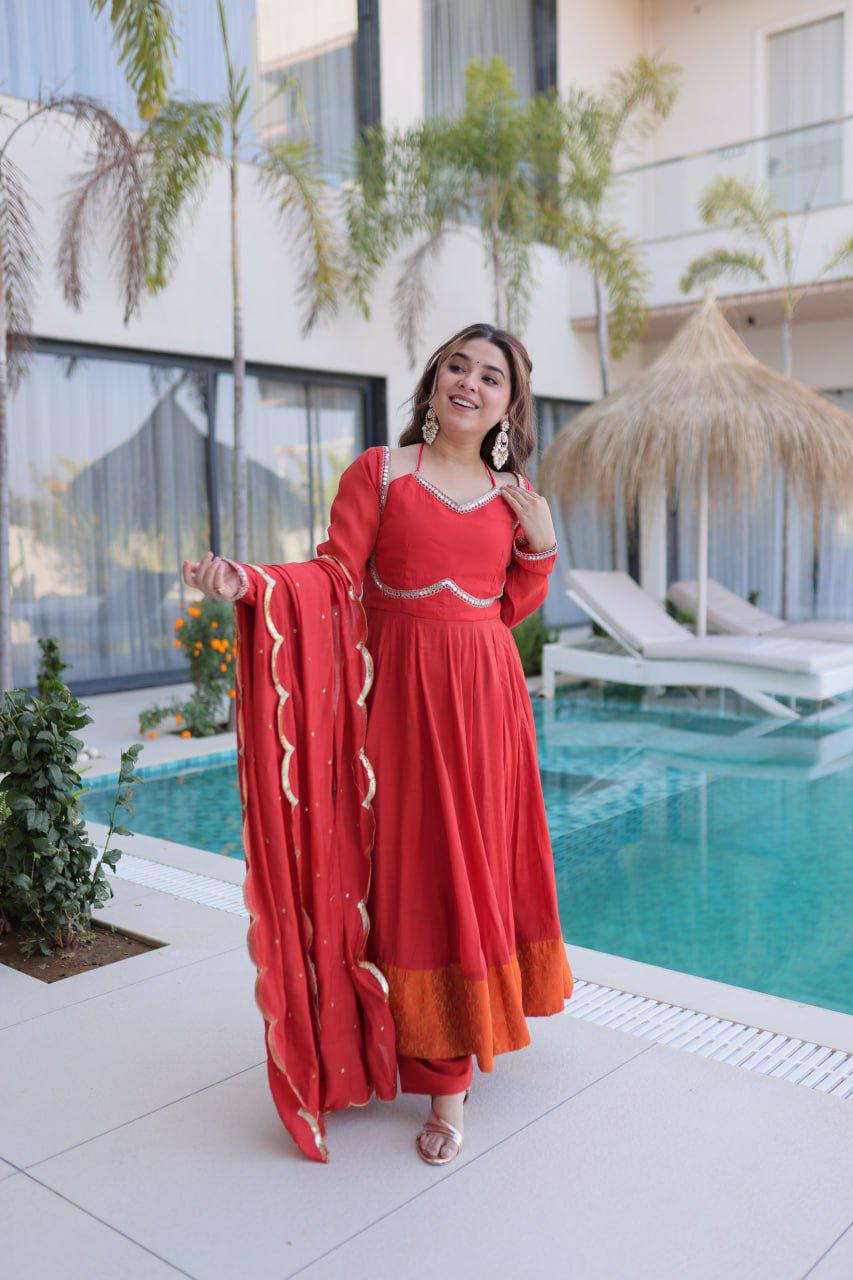 Mul Chanderi Anarkali Kurti Set, Mirror Lace Work, Roman Silk Pant, Embroidered Dupatta
