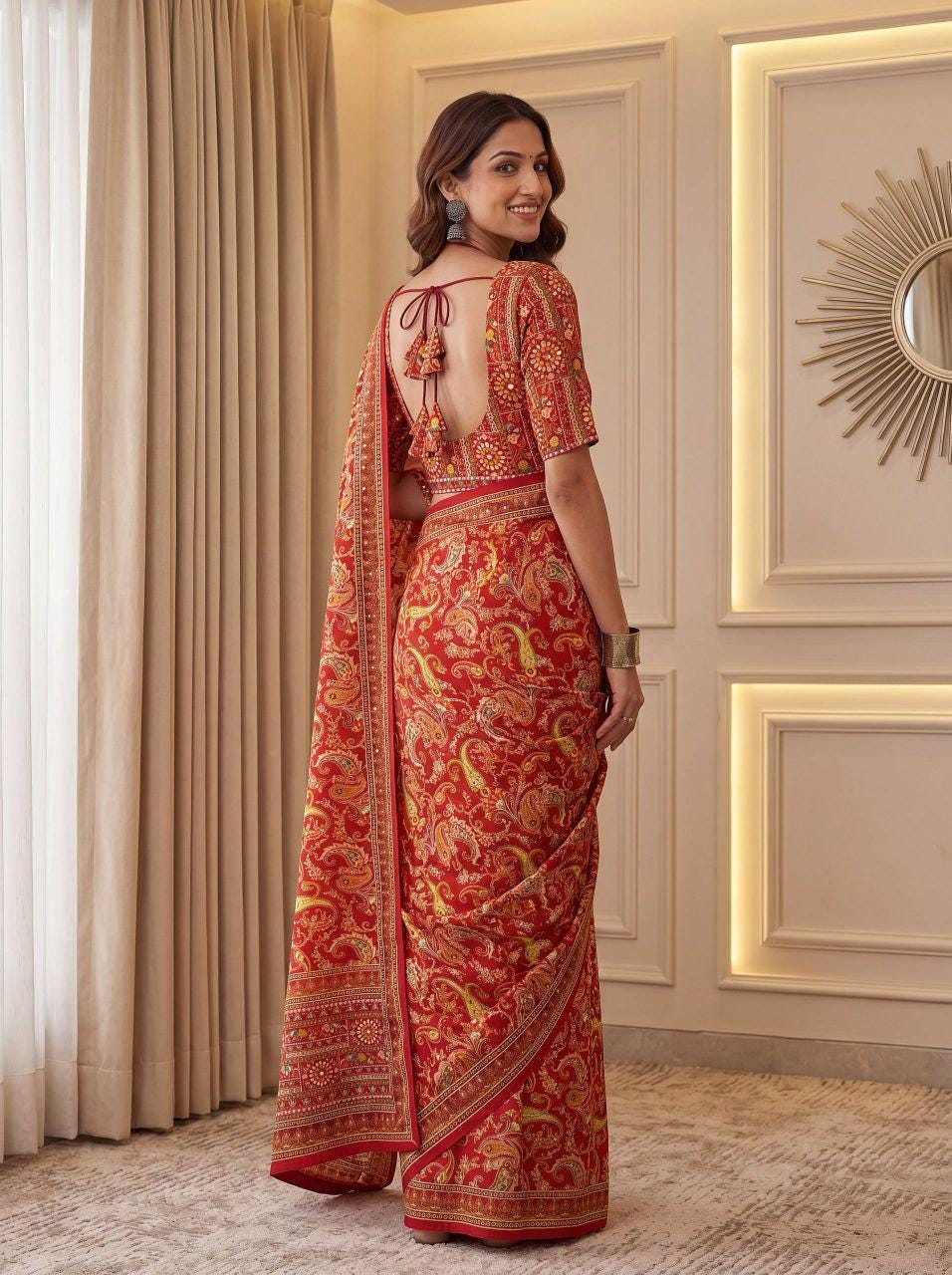 Chinon Ajrak Print Saree with Real Mirror Work | Festive Wedding Wear (Unstitched Blouse)