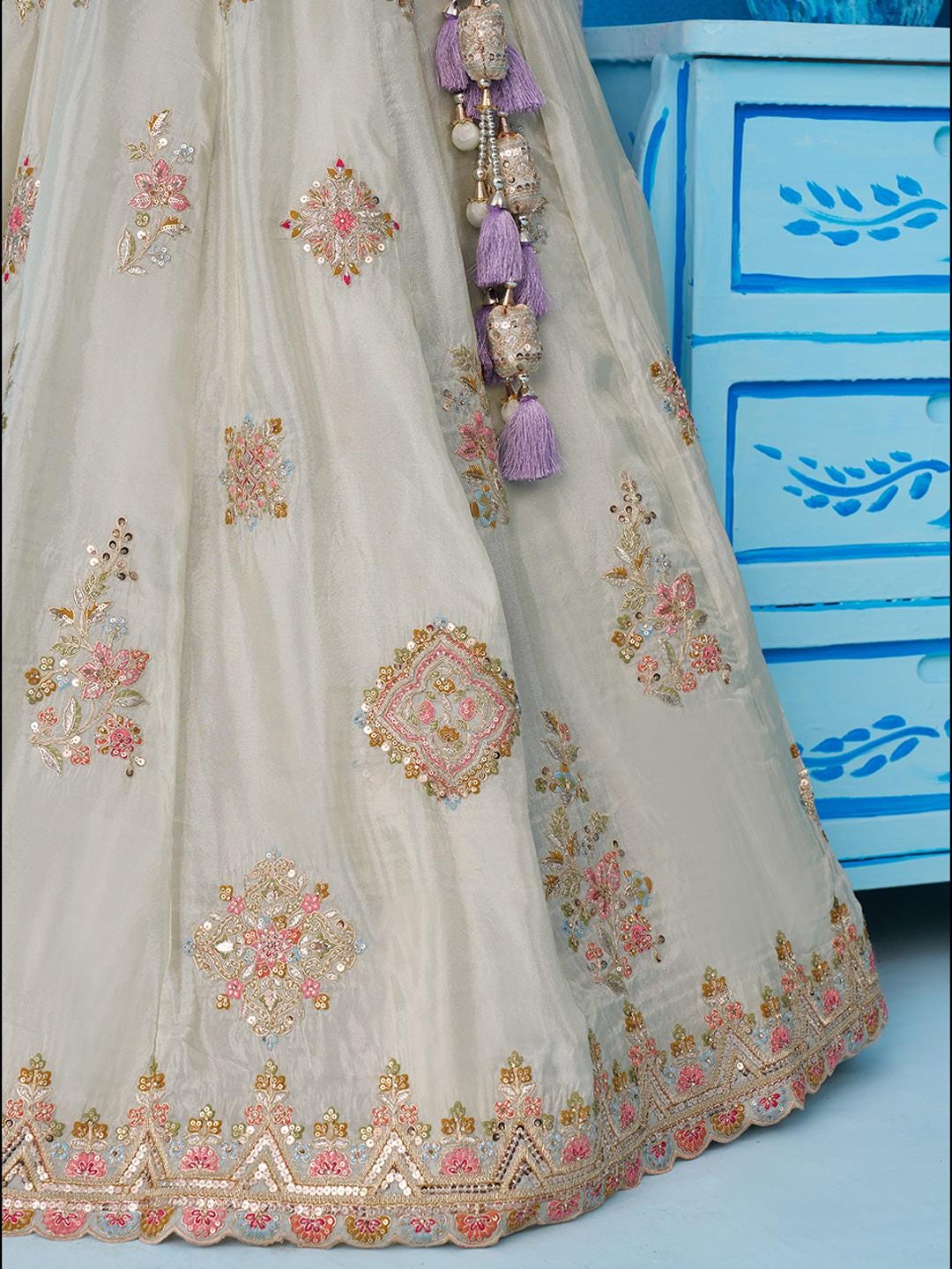 Peach Tissue Lehenga Choli, Zari Embroidery, Sky Dupatta, Wedding Party Wear