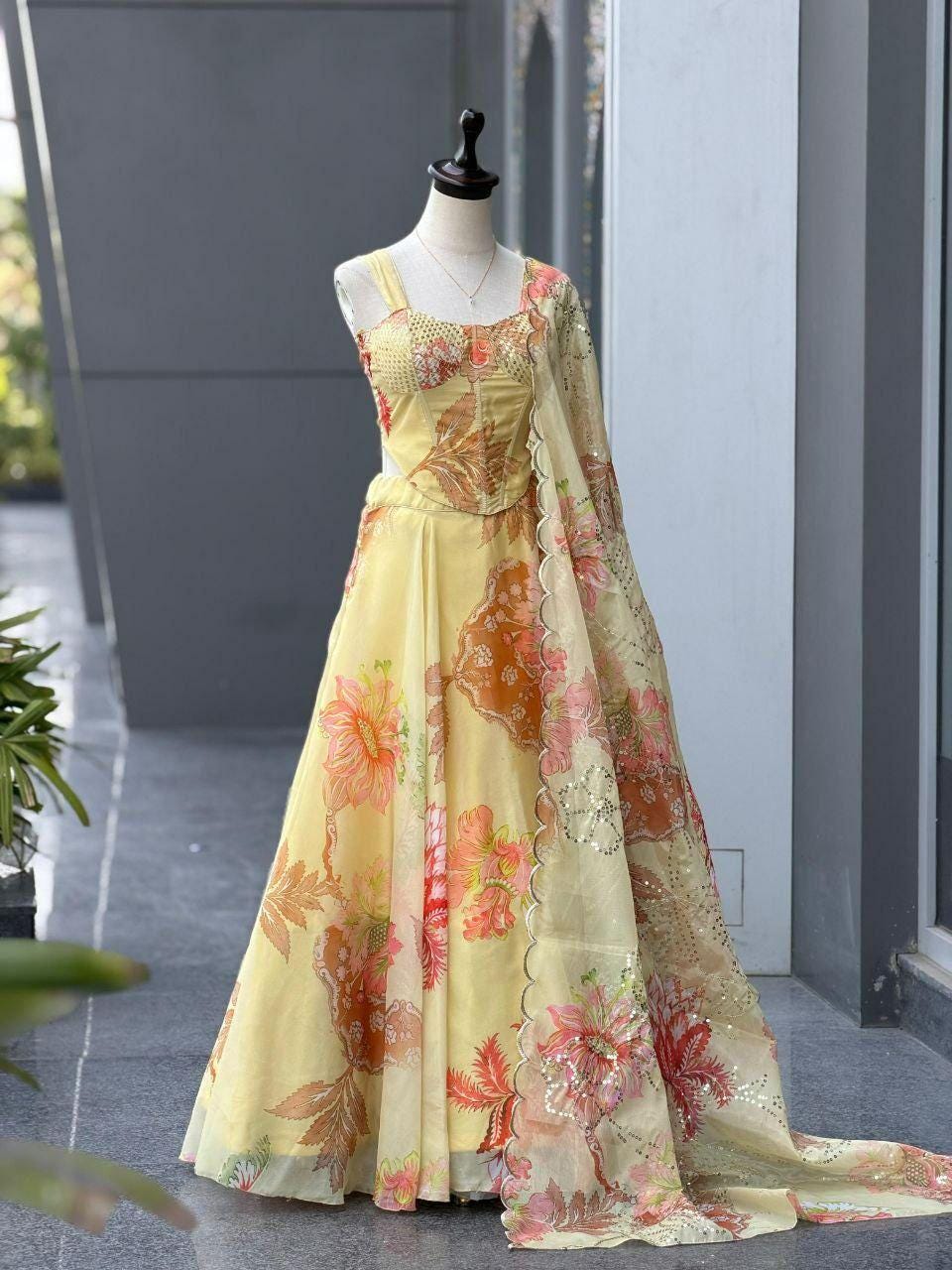 Pure Organza Digital Print Lehenga Choli Set | Corset Blouse, Sequin Embroidery, 8 Meter Flare
