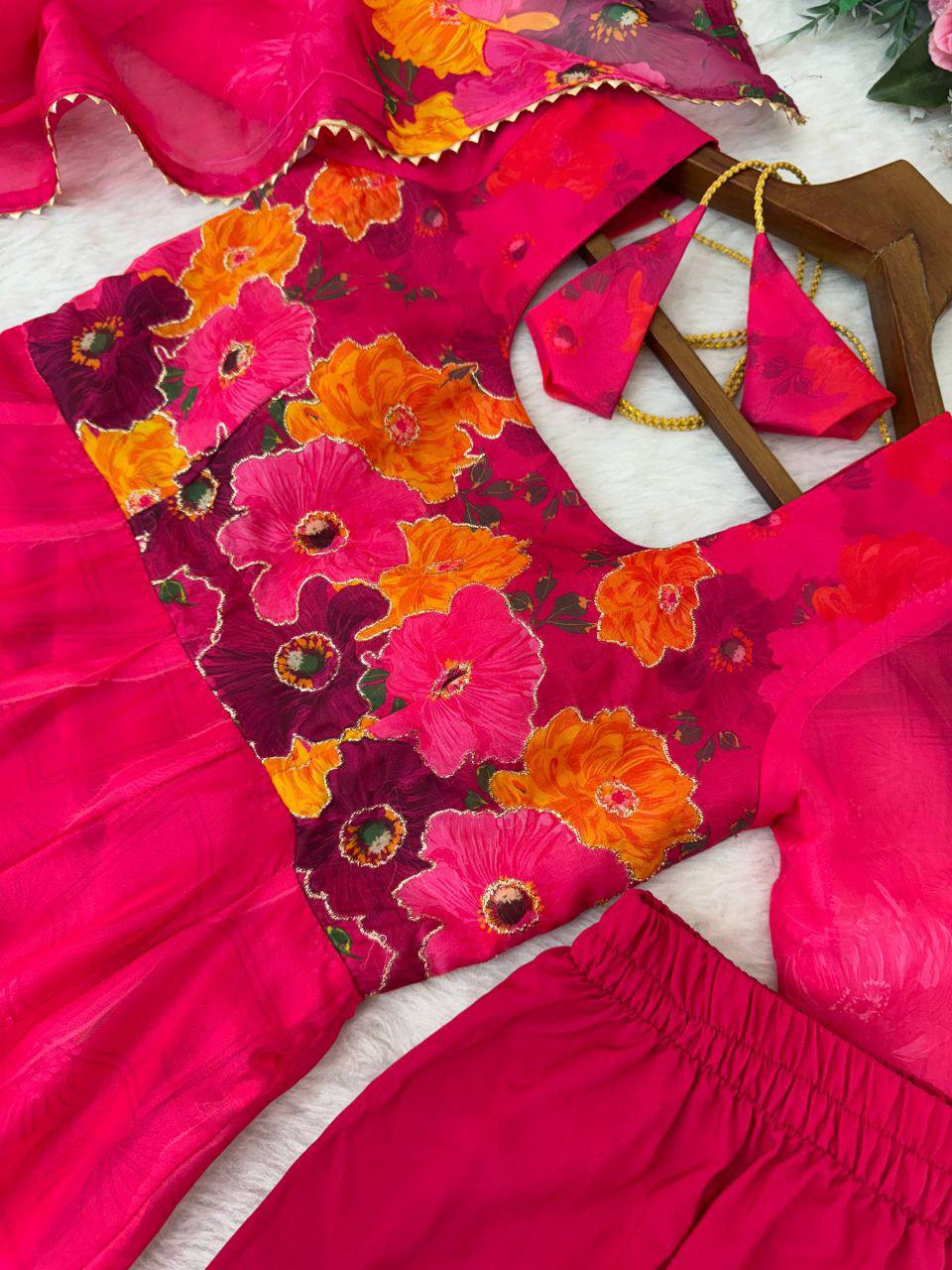 Organza Silk Anarkali Suit Set, Digital Print Dupatta, 14 Kali Gown, Festive Indian Outfit