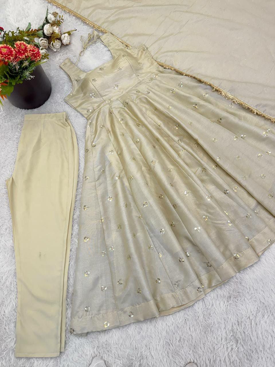 Cosmos Gold Anarkali Suit Set, Embroidered Flared Kurta with Pants, Indian Ethnic Outfit