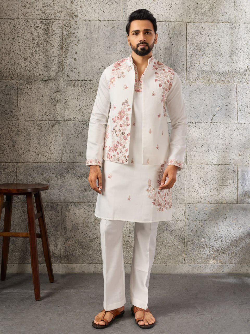 Art Silk Kurta Koti Pant Set | Mirror Work Embroidery Festive Wear