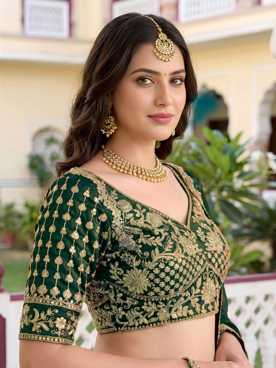Bottle Green Rangoli Silk Lehenga Choli Set | Zari Dori Sequins Embroidery, Festive Outfit