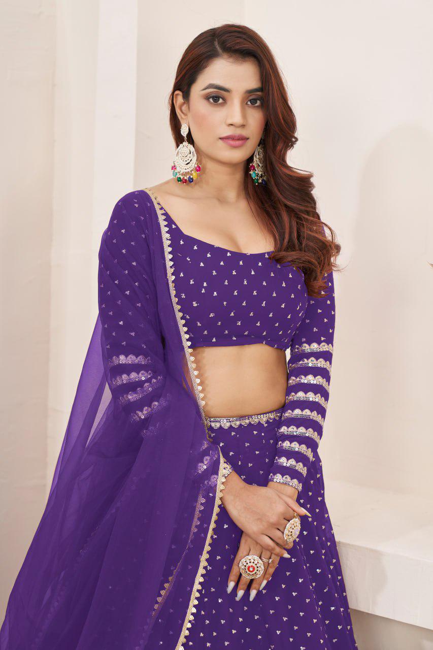 Violet Georgette Lehenga Choli Set | Zari Sequins Embroidery, Semi-Stitched, Festive Wear