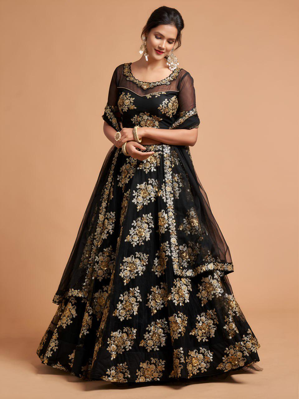 Black Net Lehenga Choli with Zari Sequins Embroidery | Indian Wedding Party Wear Set