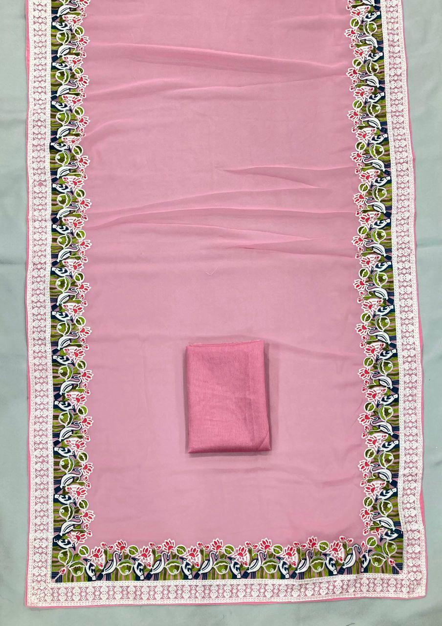 Soft Georgette Saree with Embroidery Lace Cutwork Border, Party Wear, Mono Banglory Silk Blouse