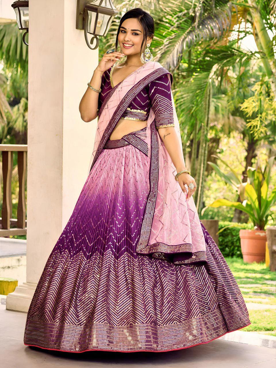 Purple Chinnon Lehenga Choli Set | Thread Sequin Embroidered Wedding A-Line Lehenga, Net Dupatta